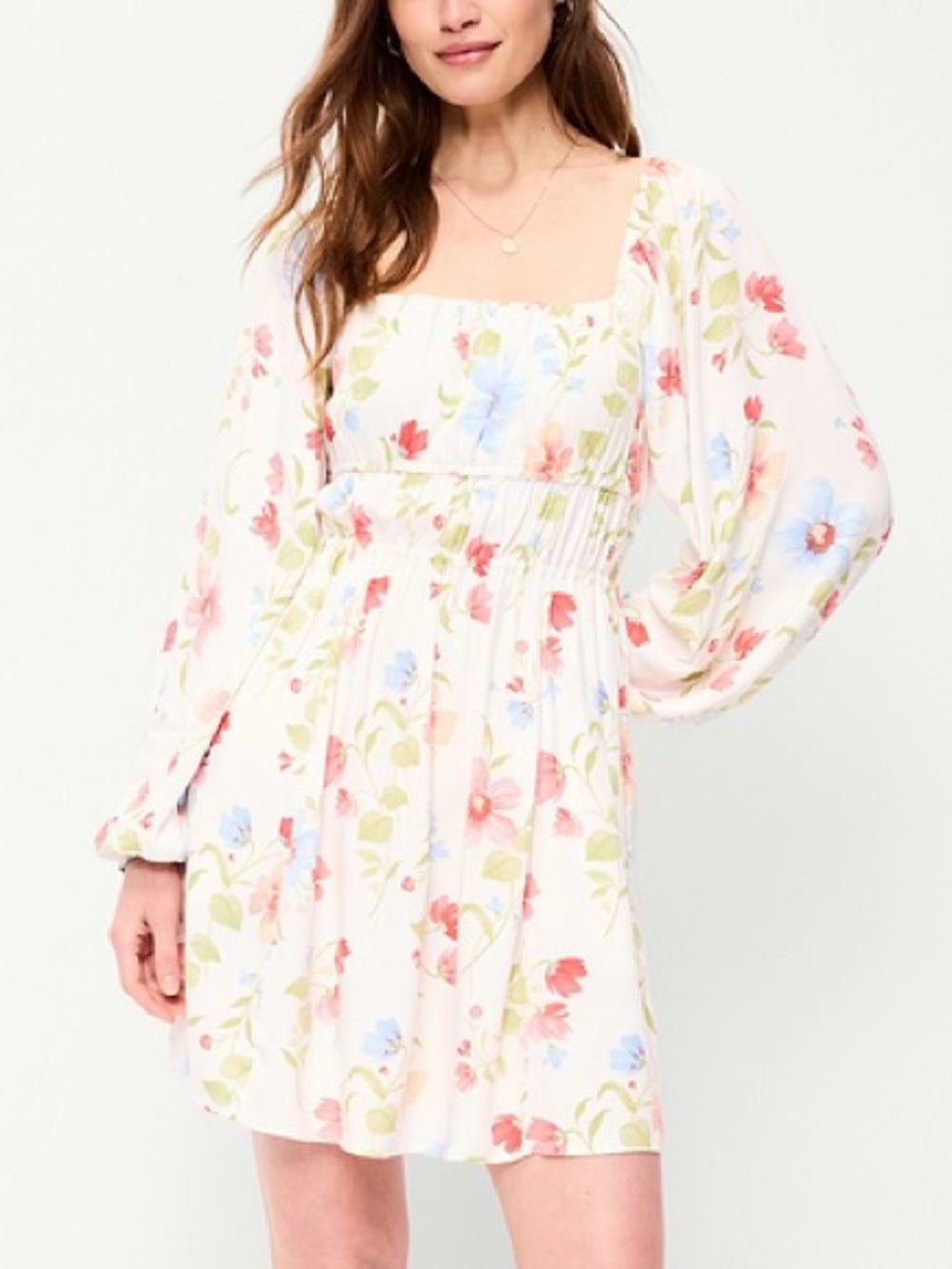 Floral Crepe Square-Neck Empire Waist Mini Dress - White Multi, Sz Small Pockets